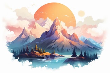 The image is a beautiful landscape painting of a mountain range at sunset