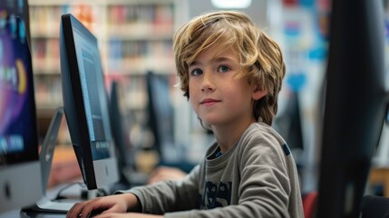 Portrait of a cute little boy with blond hair and blue eyes sitting at a desk and using a computer in a school library. Back to school education concept with copy space for your text.