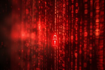 Red Digital Lock Amid Binary Code Stream