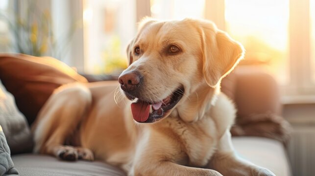 Golden retriever Labrador dog lying peacefully on a cozy sofa in a sunlit room. Warm daylight from the window highlights its calm and friendly nature. Ideal image for pet care and home lifestyle theme - Powered by Adobe