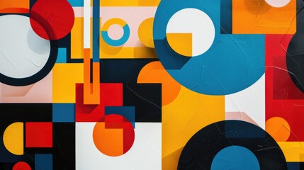 Colorful abstract geometric composition with blue, yellow, and orange circles and squares on a white background. Minimal modern design wallpaper with clean lines and vivid shapes for visual appeal.


