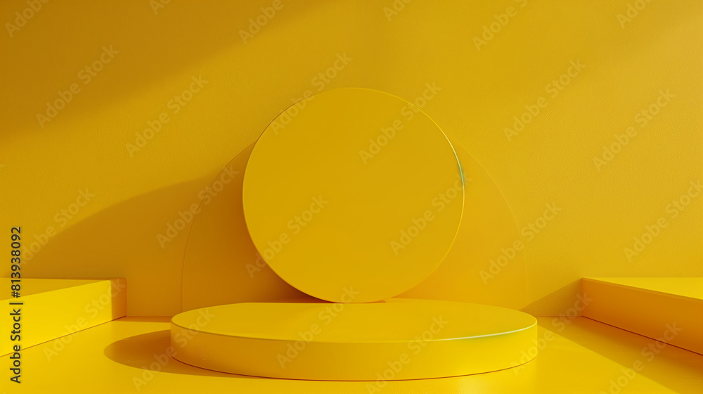 Poster 3d render of abstract yellow composition with podium. minimal studio with round pedestal and copy sp