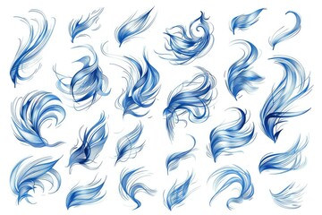 A collection of blue feathers on a white background. Suitable for various design projects