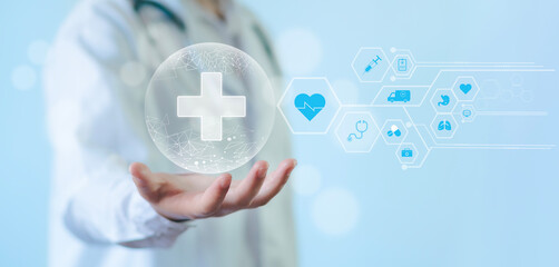 Health insurance concept Holding a virtual medical network connection icon covering people's health care Health care and treatment of various diseases