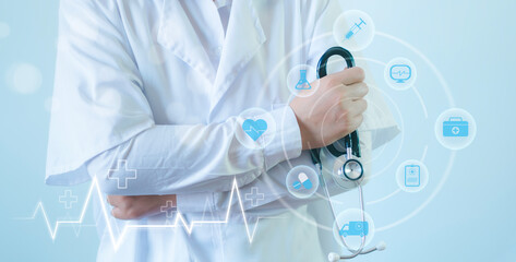 Online health and medical concept Doctor with stethoscope in hand with medical network and medical technology