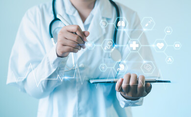 medical analysis Doctors write information on a clipboard to record diagnosis and medical research....