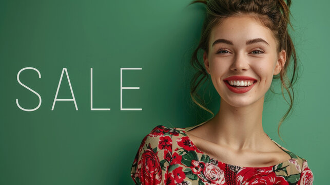 A woman is striking a pose next to a sign that says sale in a store, possibly advertising a discount or promotional event