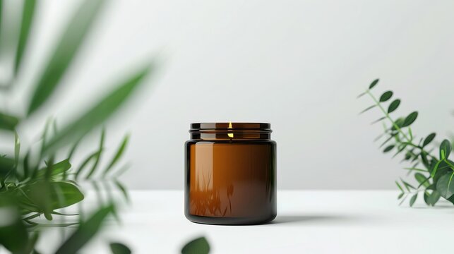 A mockup of a blank amber jar candle sitting on a clean white background with plants behind, minimal setting