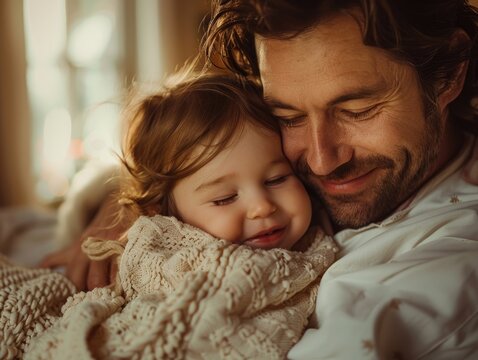 Portrait of a happy father and his adorable little daughter hugging at home. Family concept