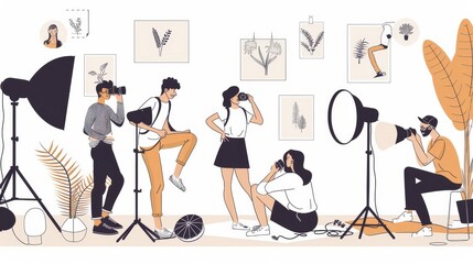 Models posing for professional photographers. Young men and women work at a studio photo session for magazine, advertising or fashion presentations. A set of line art flat modern illustrations.