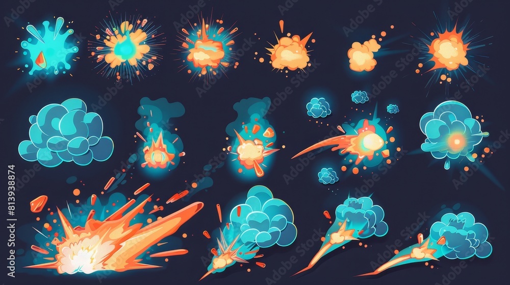 Poster modern animation of a magic explosion effect for a 2d game design. cartoon sprite sheet of an energy
