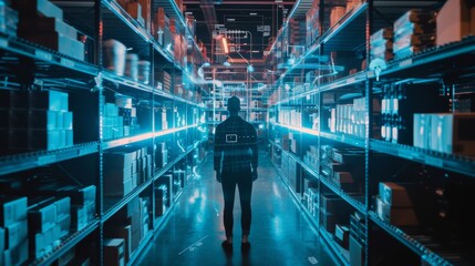 Future Technology Retail Warehouse: Retailer Analyzing Goods, Containers, Products with Delivery Infographics in Logistics, Distribution Center, Doing Inventory Walks