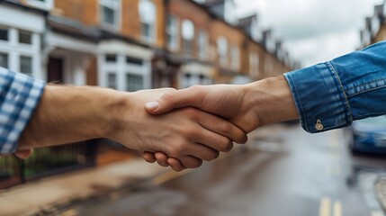 Design an illustration showing the signing of a lease agreement between a landlord and tenant with terms and conditions signatures exchanged.