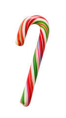 Xmas candy cane isolated on transparent background. Hard candy cane striped in red, green and white colors. Template for greeting card on Christmas and New Year.