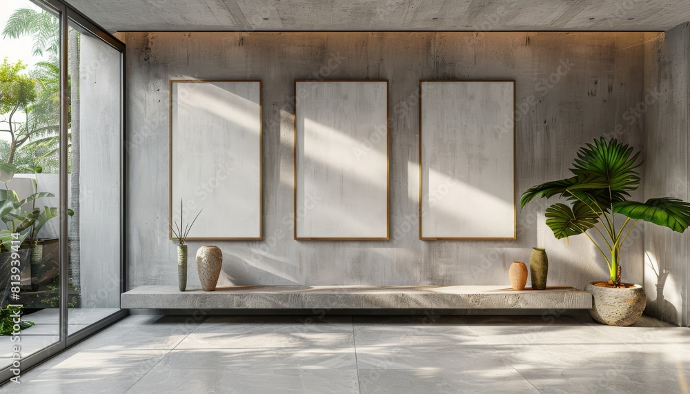 Aufkleber three blank frames hang elegantly on a wall above a bench adorned with vases, casting soft shadows i