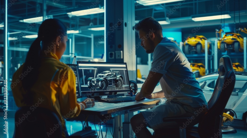 Aufkleber women discuss advanced 3d models for high-tech engines with a male automotive engineer in an automob