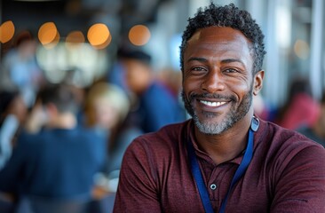Fototapeta premium Confident African American businessman smiling in a crowded cafe