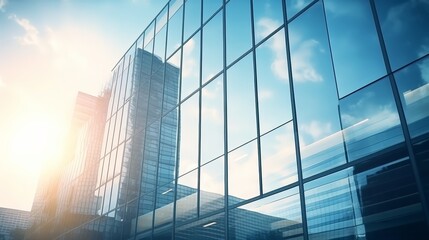 Modern office building or business center. High-rise window buildings made of glass reflect the clouds and the sunlight. empty street outside  wall modernity civilization. growing up business