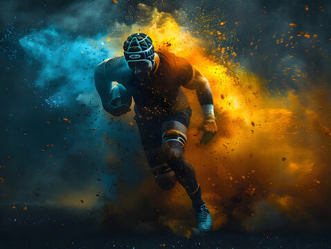 A rugby player runs with a ball through colored dust. AI generated.  - Powered by Adobe