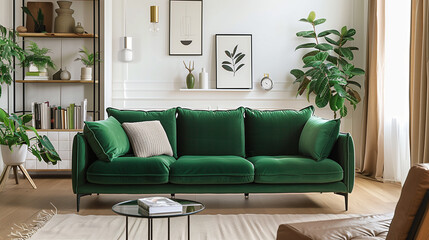 Green sofa in a modern minimalist front room, featuring clean lines, open spaces, neutral colors, and earthy decor tones.
