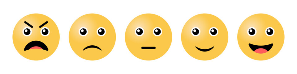 Rating Emojis set in yellow color. Feedback emoticons collection. Excellent, good, neutral, bad and very bad emojis. Flat icon set of rating and feedback emojis icons in yellow color.
