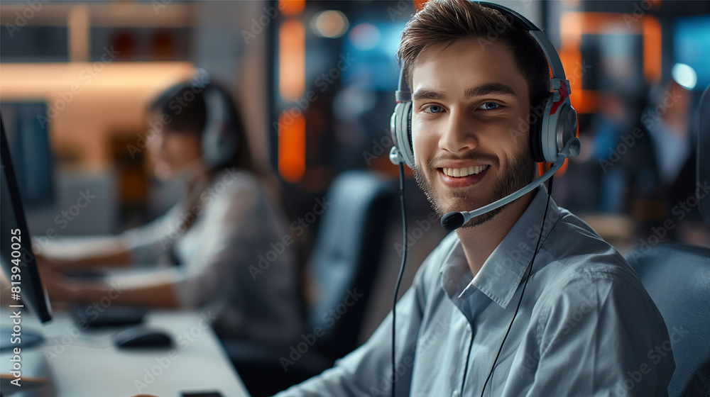 Poster support center. online consultants help clients in chats and calls. call center operators working in