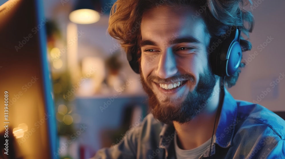 Poster close-up of smiling it programmer listening to podcast, music on desktop computer, wearing headphone