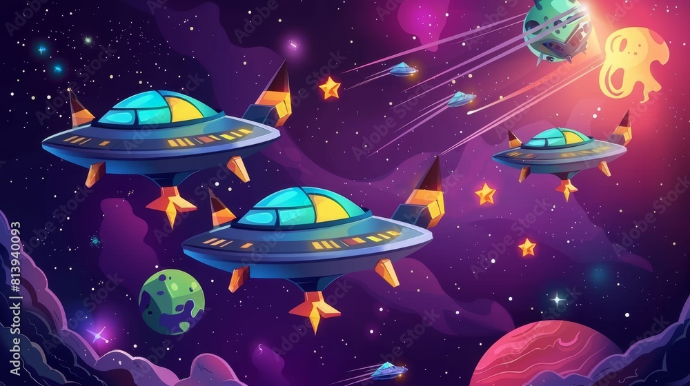 Poster this level map features a futuristic galaxy background, flying platforms with gold stars and numbers