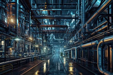 Obraz premium A long hallway filled with industrial pipes and bright lights. Suitable for industrial, technology, or futuristic concepts