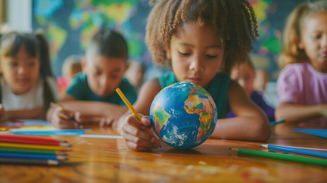 Multiracial group of schoolchildren gathered around a table, focused on a globe in front of them