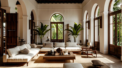 A living room in tropical colonial style, Interior design, Architectural concepts