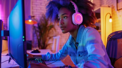 This is a portrait of a young woman working on desktop computer. She is focused, motivated, and creates colorful content with her creative imagination. She uses headphones to listen to podcasts and