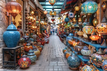 Shoppers explore a lane with decorative lamps and ceramics