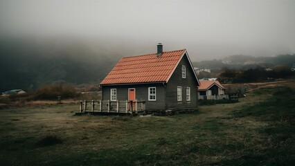 mountain village in the mountains, house in the fog, casa aislada en la montaña con niebla, granja del norte de Europa en el campo