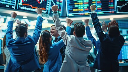 A group of successful stock exchange brokers celebrates a lucrative auction on the stock exchange with a bang.