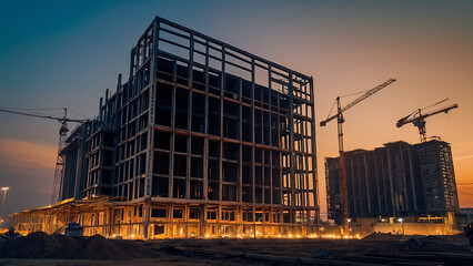 construction site for a large building with sunset sky background