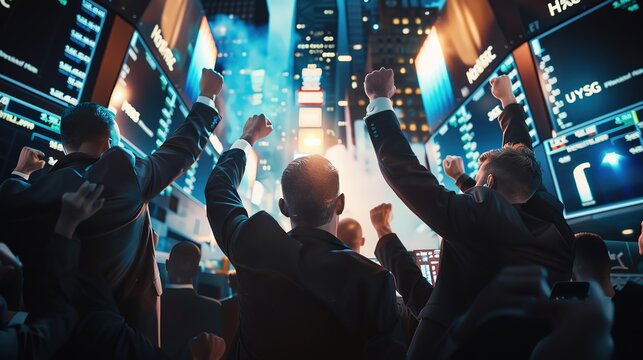 A group of successful stock exchange brokers celebrates a lucrative auction on the stock exchange with a bang.