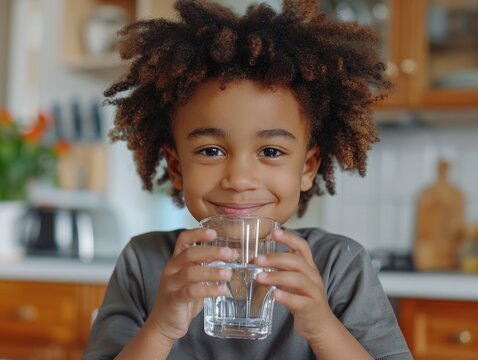 Portrait of a cute african american little boy drinking water from a glass with a smile on his face in the kitchen at home