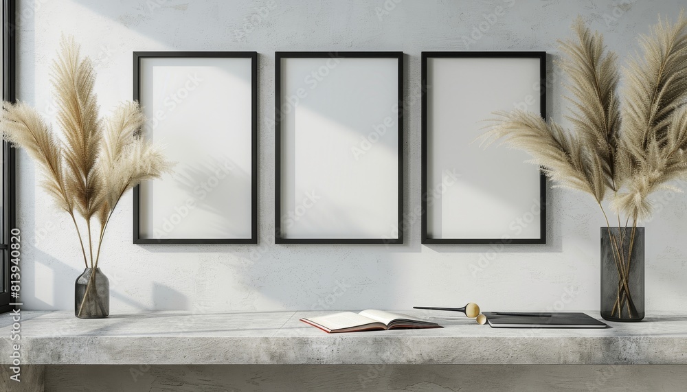 Poster Three blank black frames are mockup displayed on the wall above a concrete table against an empty white background, offering a minimalist