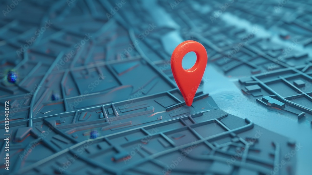 Aufkleber render of red location pin on blue map with route line. gps symbol, navigation icon, travel locator 