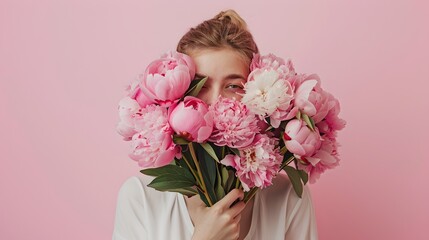 Woman Holding Bouquet of Peonies Hides Her Face, Pink Background. Charm of Spring Flowers, Perfect for Mother's Day Promotions. Fresh, Delicate Floral Theme. AI