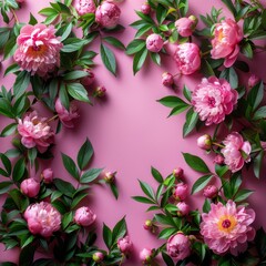 Frame made of beautiful peonies flowers on pink background. Flat lay, copy space, summer flowers,Vibrant Peony Blossoms in Pink Frame. Floral Beauty for Festive Occasions and Wall Decor. 4K Wallpaper.