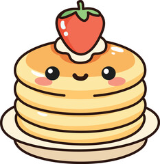 Happy pancake stack with strawberries and cream on top, in a kawaii style