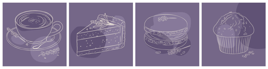 Series of illustrations with lavender food and beverages in monochrome purple color. It includes a cup of coffee, a slice of cake, a macaron, and a muffin, all adorned with subtle lavender flower