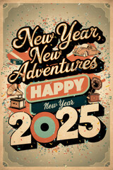 A retro-style New Year poster featuring the phrase "New Year, New Adventures" with festive elements like a car, books, and musical instruments, celebrating "Happy New Year 2025."