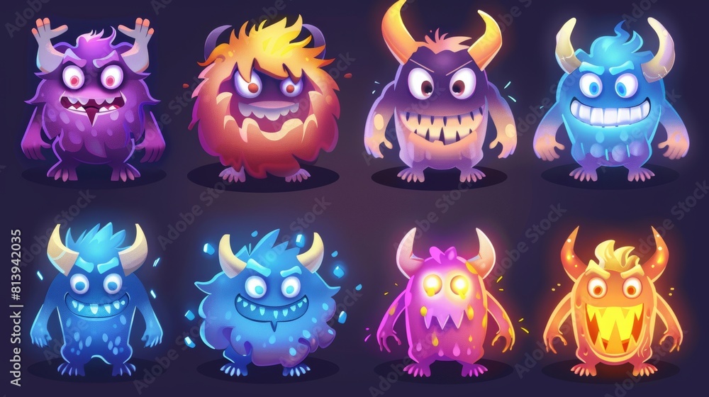 Wall mural Various cute monster characters including cartoon funny characters, aliens, strange animals, Halloween creatures, with horns, teeth, and fur. Spooky mascot personages, modern illustration. - Wall murals