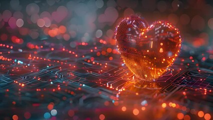 A heart-shaped object placed on a circuit board with various electronic components, wires, and connections. - Powered by Adobe