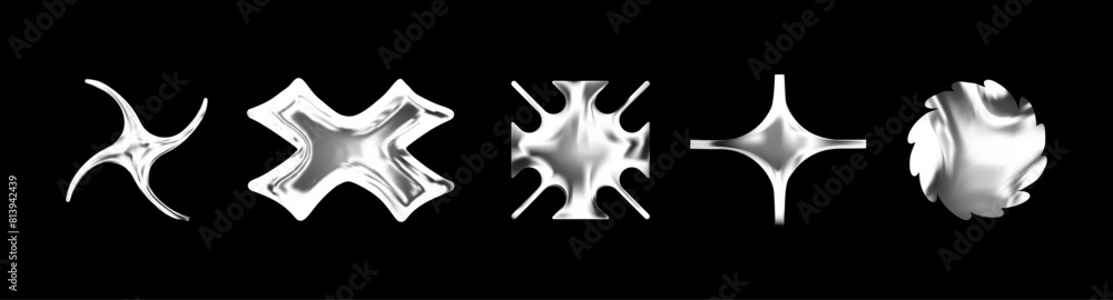 Poster set of trendy chrome metal abstract elements in retro style y2k. 3d figures. liquid forms. 2000s. ve