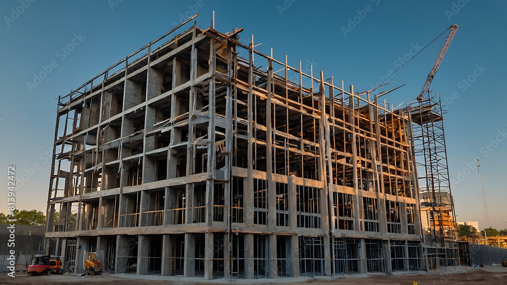 Poster construction site for a large building in city with blue sky background