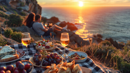 Couple picnic on cliff overlooking ocean